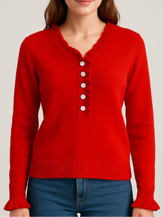 Sweaters - Valentine’s fluffy red sweater ruffle & button detailing ruffled cuffs sz medium